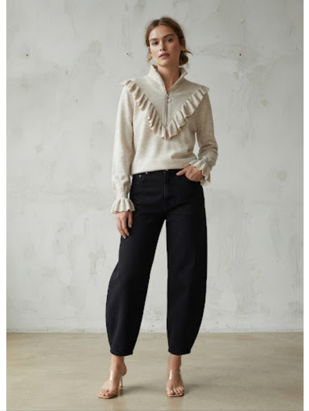 H&M Conscious Fine-Knit Wool Blend Turtleneck Zip Ruffle Sweater Flounce Cuffs